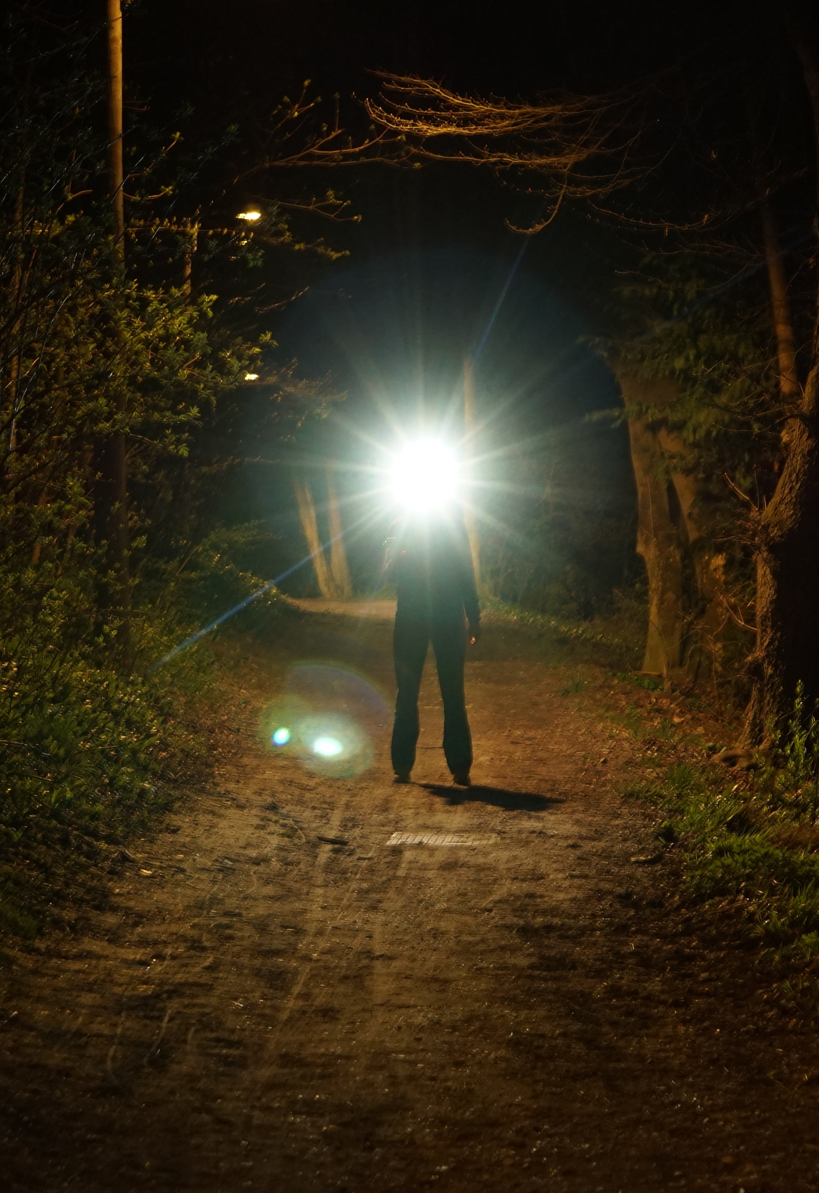 Samira Linhart steht nachts auf einem von einer Straßenlaterne beleuteten Weg und leuchtet mit einer Stirnlampe in die Kamera, sodass nur Umrisse sichtbar sind
